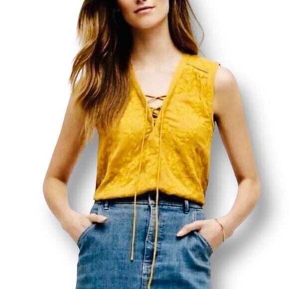 Maeve Anthropologie 4 Yellow Blouse Lace Up Floral Embroidered Sleeveless Lined - Picture 1 of 10
